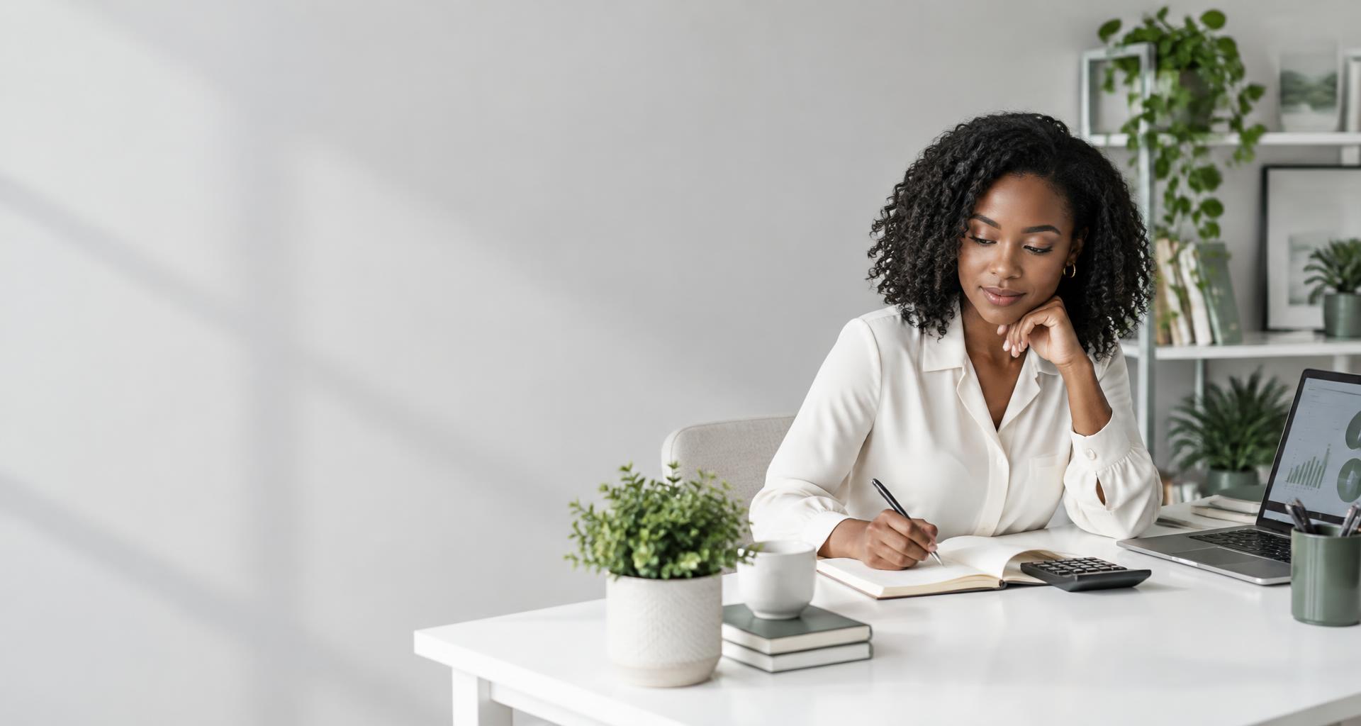 A woman thoughtfully working on her financial plan at a bright desk